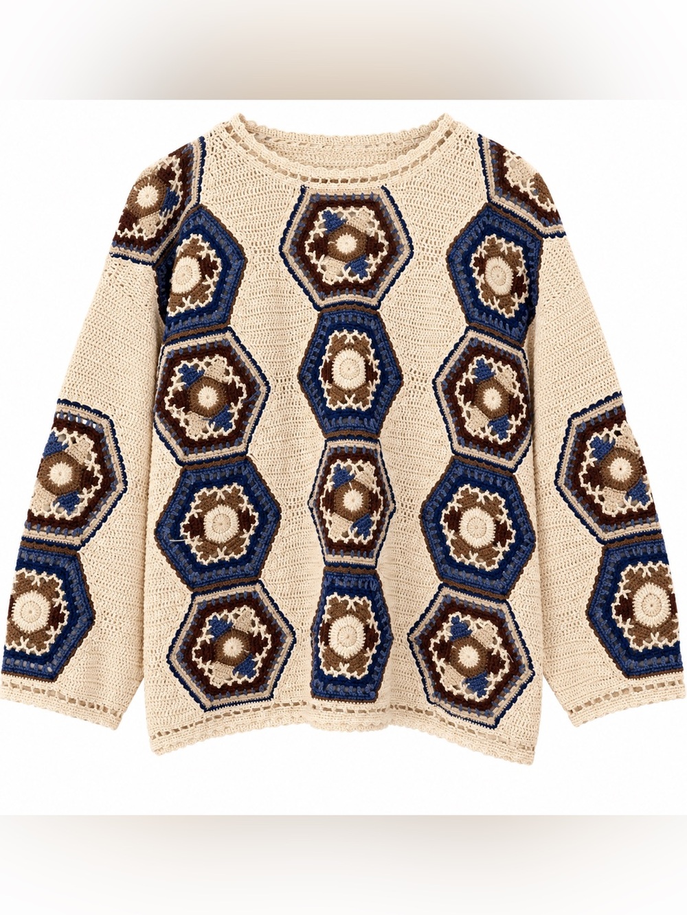 Vintage Petite Sophisticate Crochet Granny Square Sweater S Boho